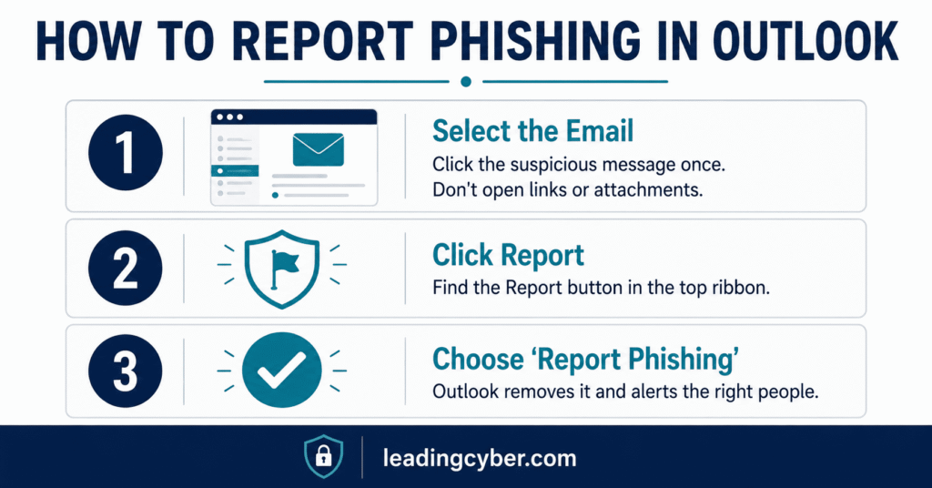 Infographic showing how to report phishing in Outlook in three steps: select the email, click report, confirm phishing — LeadingCyber
