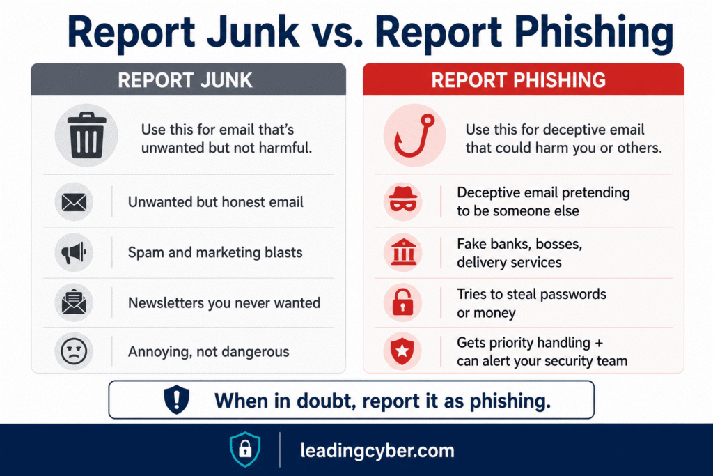 Comparison infographic showing when to use Report Junk versus Report Phishing in Outlook — LeadingCyber