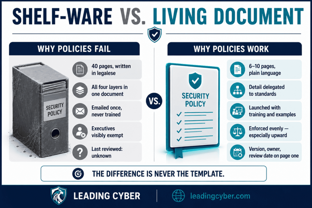 Comparison infographic showing why information security policies fail versus what makes them work — LeadingCyber