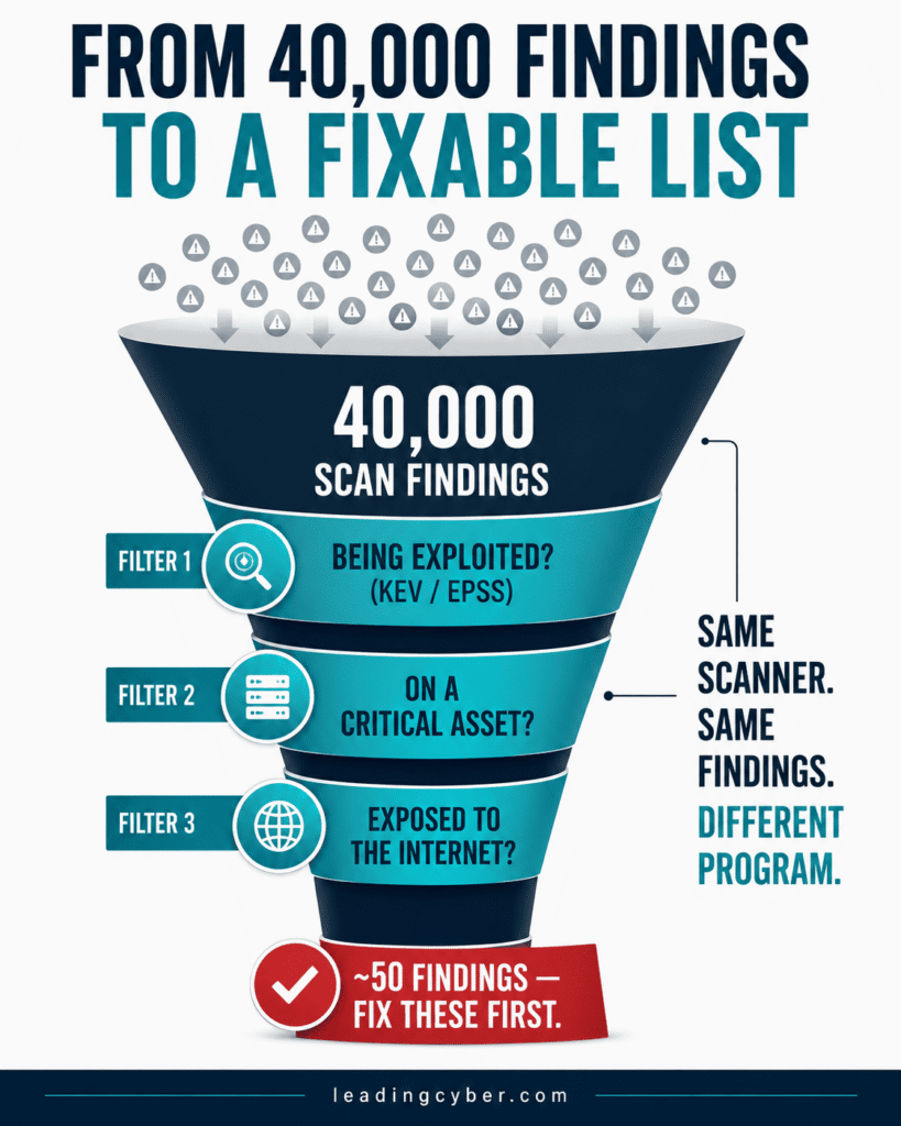 Funnel infographic showing risk based vulnerability management filtering thousands of scan findings down to the few that pose real risk — LeadingCyber
