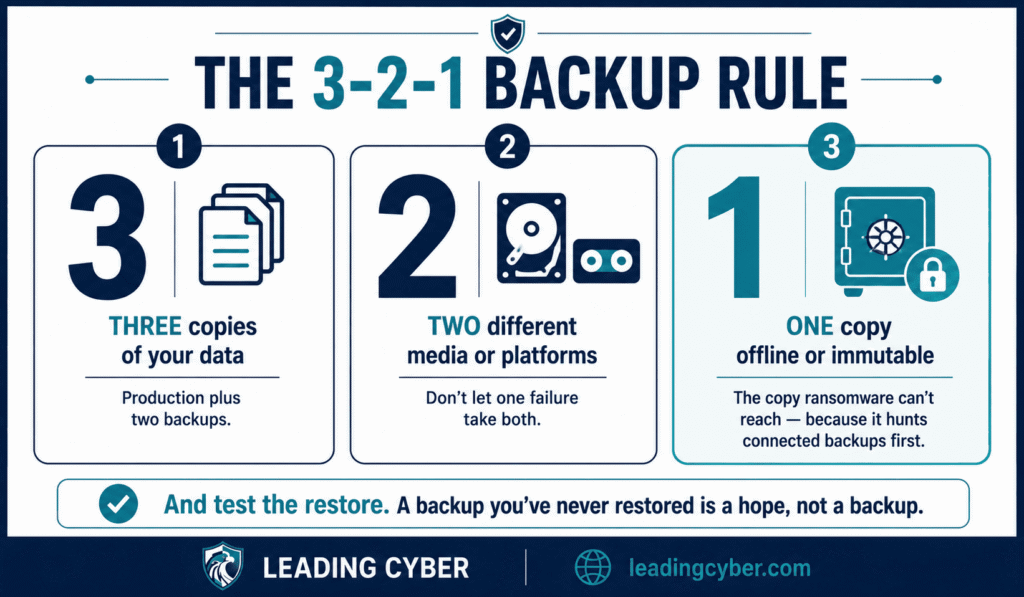 Infographic explaining the 3-2-1 backup rule for cyber attack preparation: three copies, two media types, one offline — LeadingCyber
