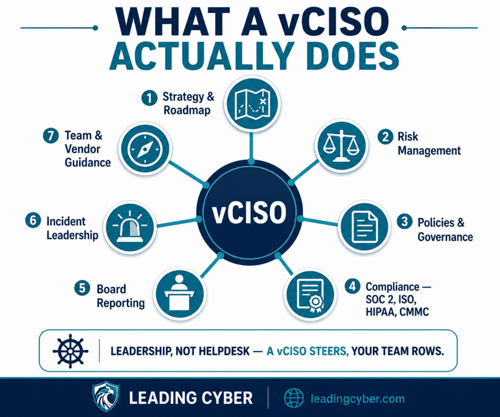 Infographic showing the core responsibilities of a virtual CISO: strategy, risk, compliance, policies, board reporting, and incident leadership — LeadingCyber