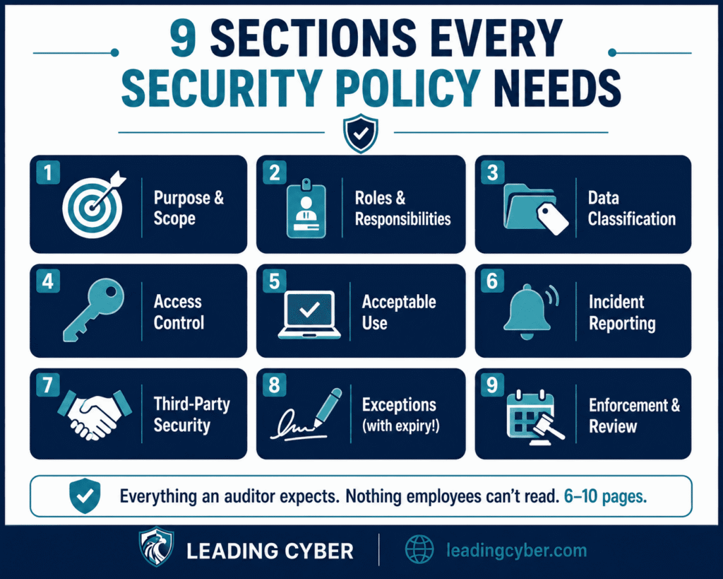 Roadmap infographic showing how to roll out an information security policy: draft, sign, launch, enforce, review — LeadingCyber
