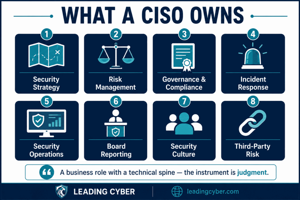 Infographic showing what a CISO does strategy, risk management, compliance, incident response, board reporting, and security culture — LeadingCybe