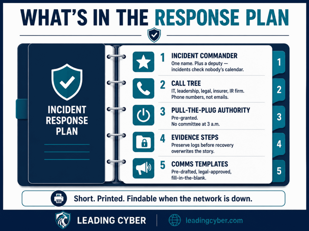 Infographic showing what an incident response plan should include: commander, call tree, authority, evidence, and communications — LeadingCyber