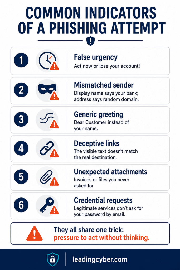 Checklist infographic showing common indicators of a phishing attempt: urgency, mismatched sender, suspicious links, unexpected attachments — LeadingCyber