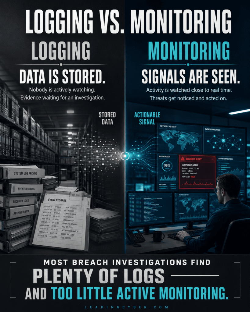 Infographic showing the difference between logging and network security monitoring: data collected versus data actually watched — LeadingCyber