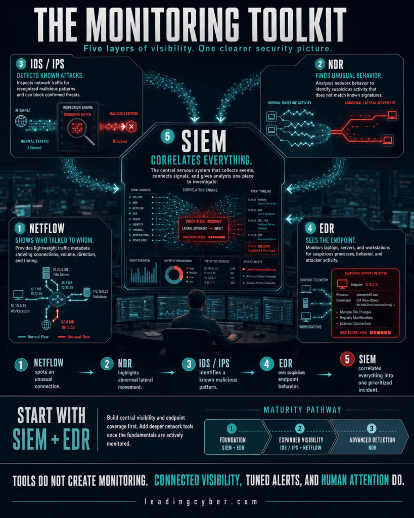 Infographic showing the network security monitoring toolkit: SIEM, IDS/IPS, NDR, NetFlow analysis, and EDR — LeadingCyber