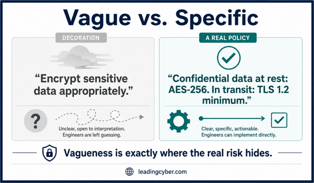 Comparison infographic showing vague versus specific language in a data security policy — LeadingCyber