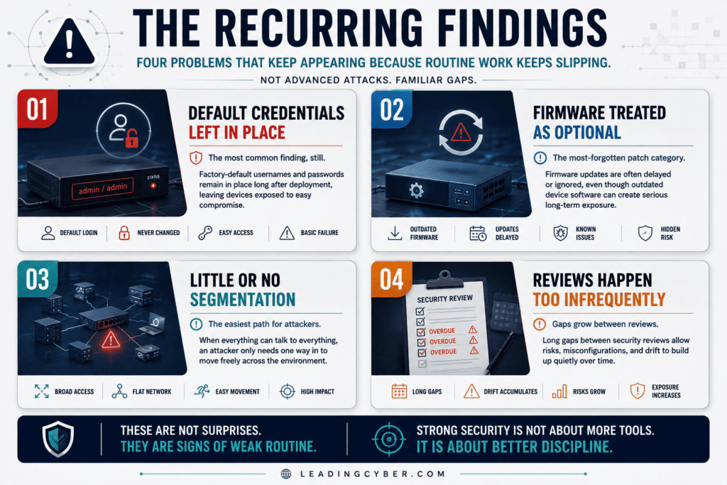 Infographic showing common network security device mistakes default credentials, unpatched firmware, flat configuration, no retirement plan — LeadingCybe