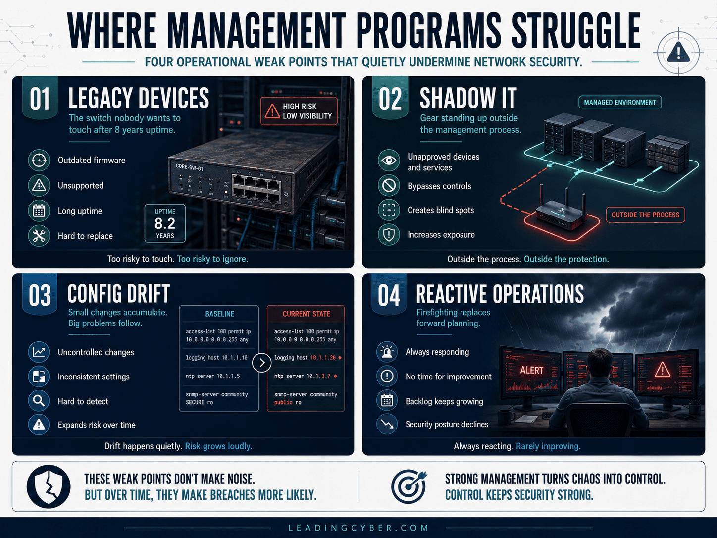 Infographic showing common network security management challenges legacy devices, shadow IT, remote work, alert backlog — LeadingCyber