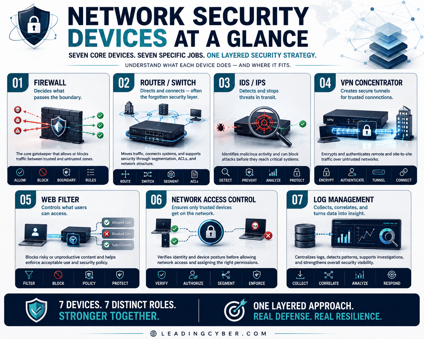 Infographic showing the core network security devices and their roles firewall, router, switch, IDSIPS, VPN, NAC, wireless, WAF — LeadingCyber